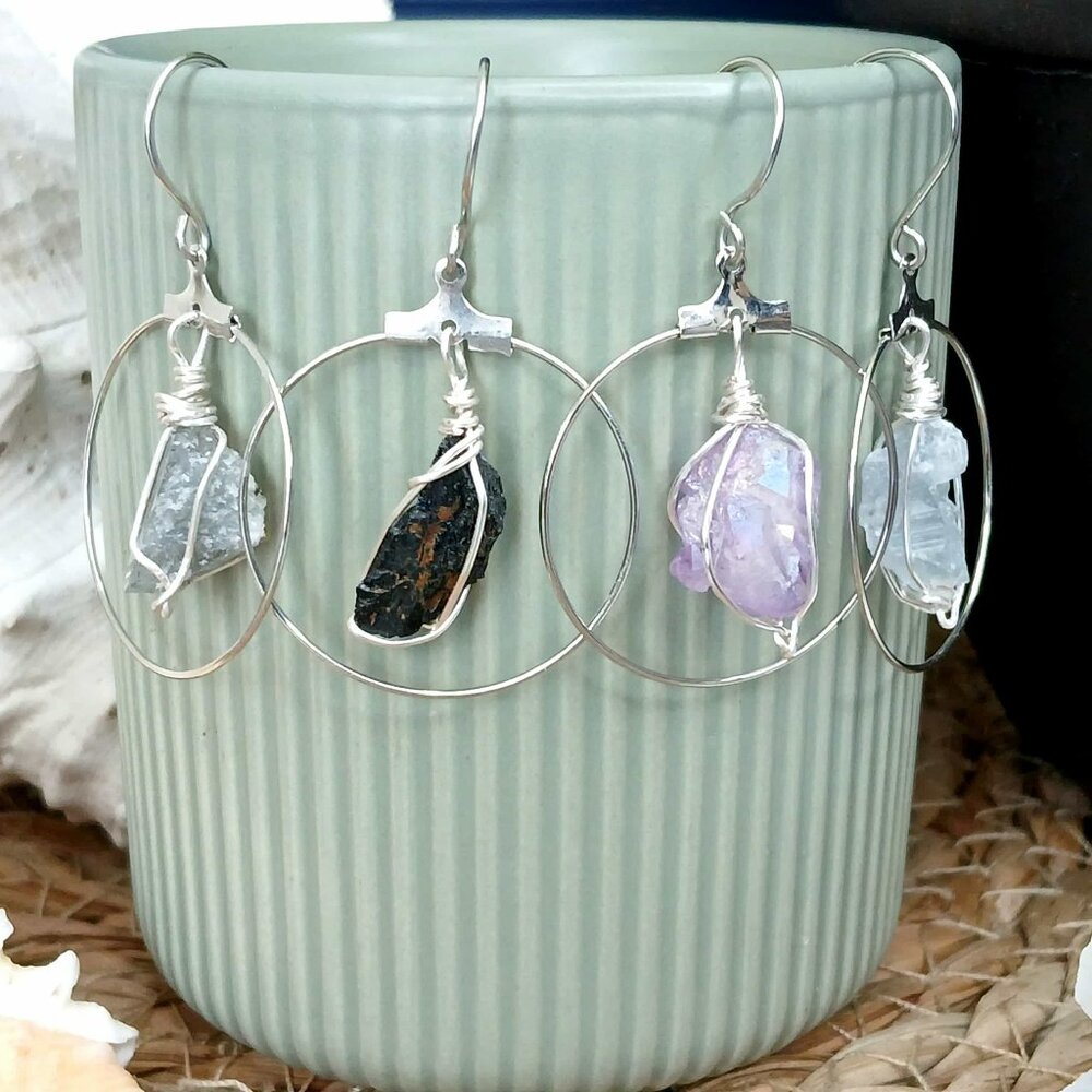 BOGO EARRINGS Raw Crystal Dangle Hoop Earrings, Assorted Gemstones